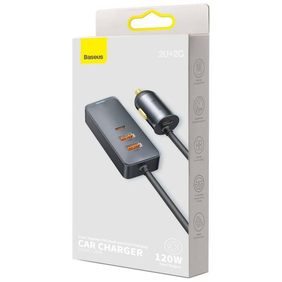 Cargador, carga rápida, múltiples puertos, 2x USB, 2x Tipo C, con cable de extensión de 1.20m